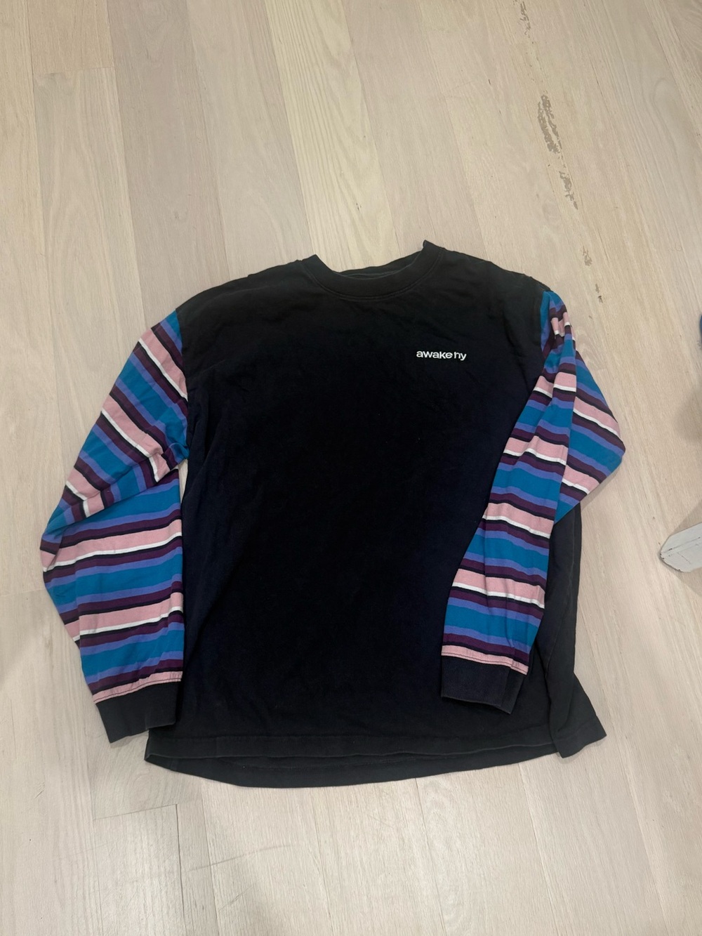 Awake Black Long Sleeve Tee with Blue, Purple & Pink Striped Sleeves